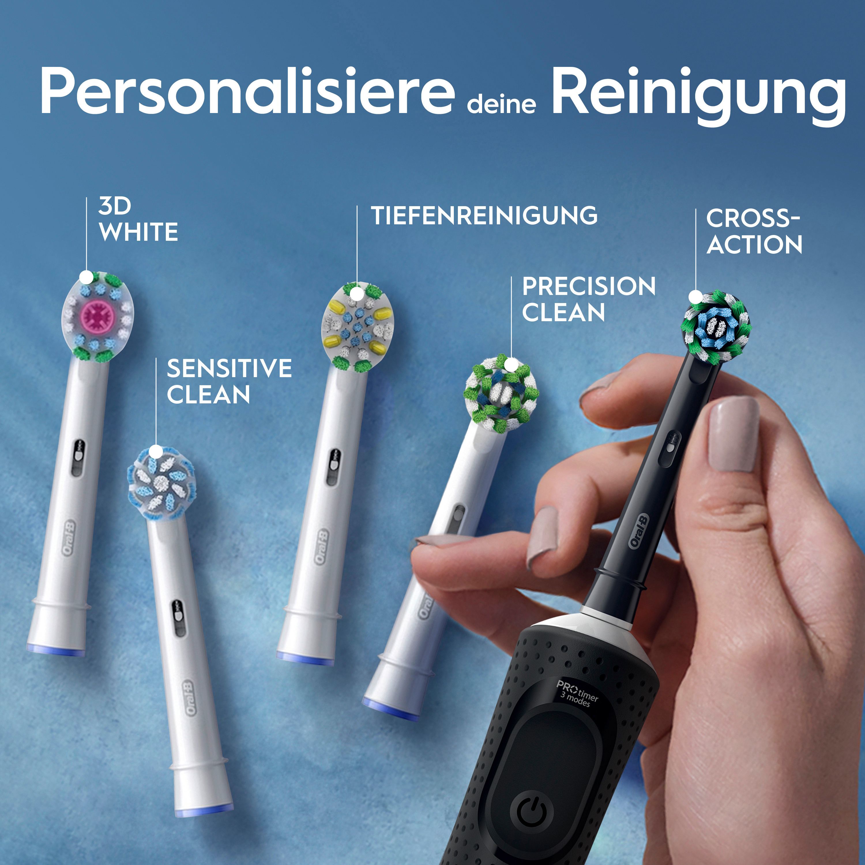 Hand hält elektrische Zahnbürste. Verschiedene Bürstenköpfe daneben. Text: Personalisiere deine Reinigung. 3D White, Tiefenreinigung, Cross Action.