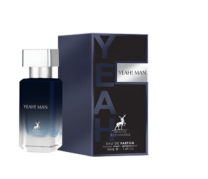 Parfümflakon mit eckigem Flakon und blauer Verpackung. Schriftzug: YEAH! MAN, Maison Alhambra. 30ml.