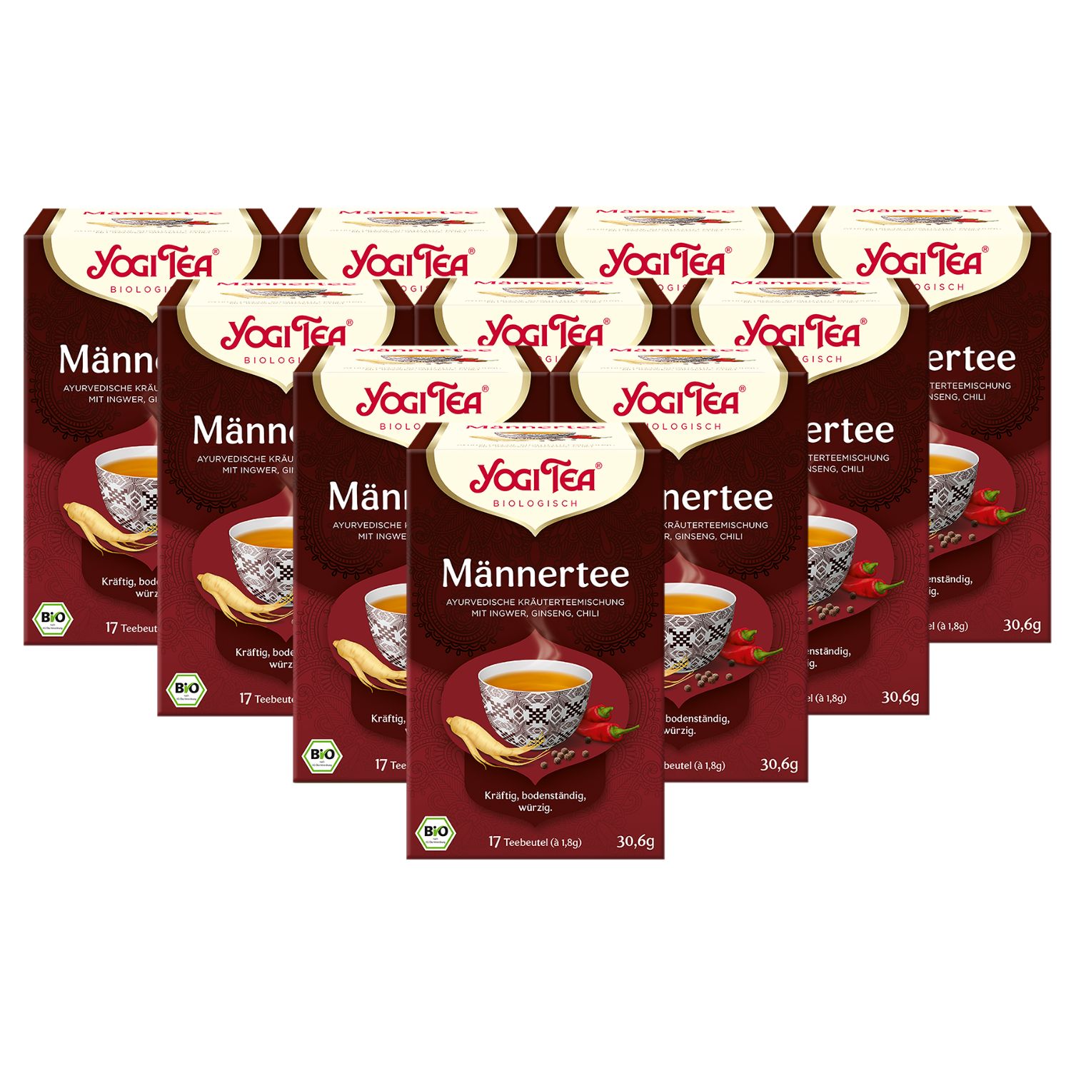 Mehrere Packungen Yogi Tea - Männer Tee Bio Kräutertee. Rote Verpackung mit Logo und Produktinformationen. 17 Teebeutel.
