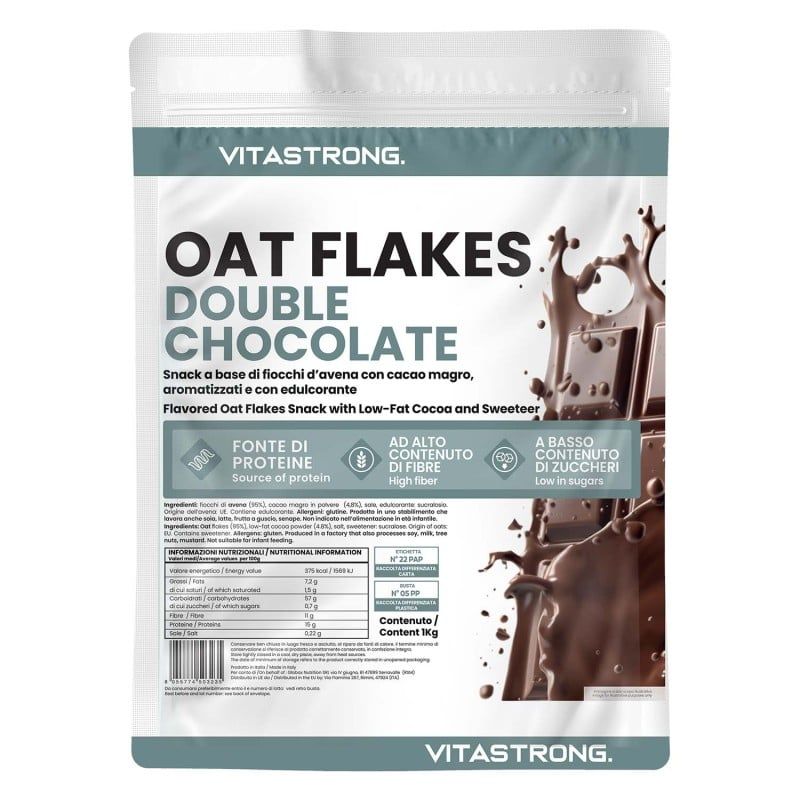 Beutel Oat Flakes Double Choco. Text: Quelle für Protein, hoher Ballaststoffgehalt, zuckerarm. Vitastrong Logo.