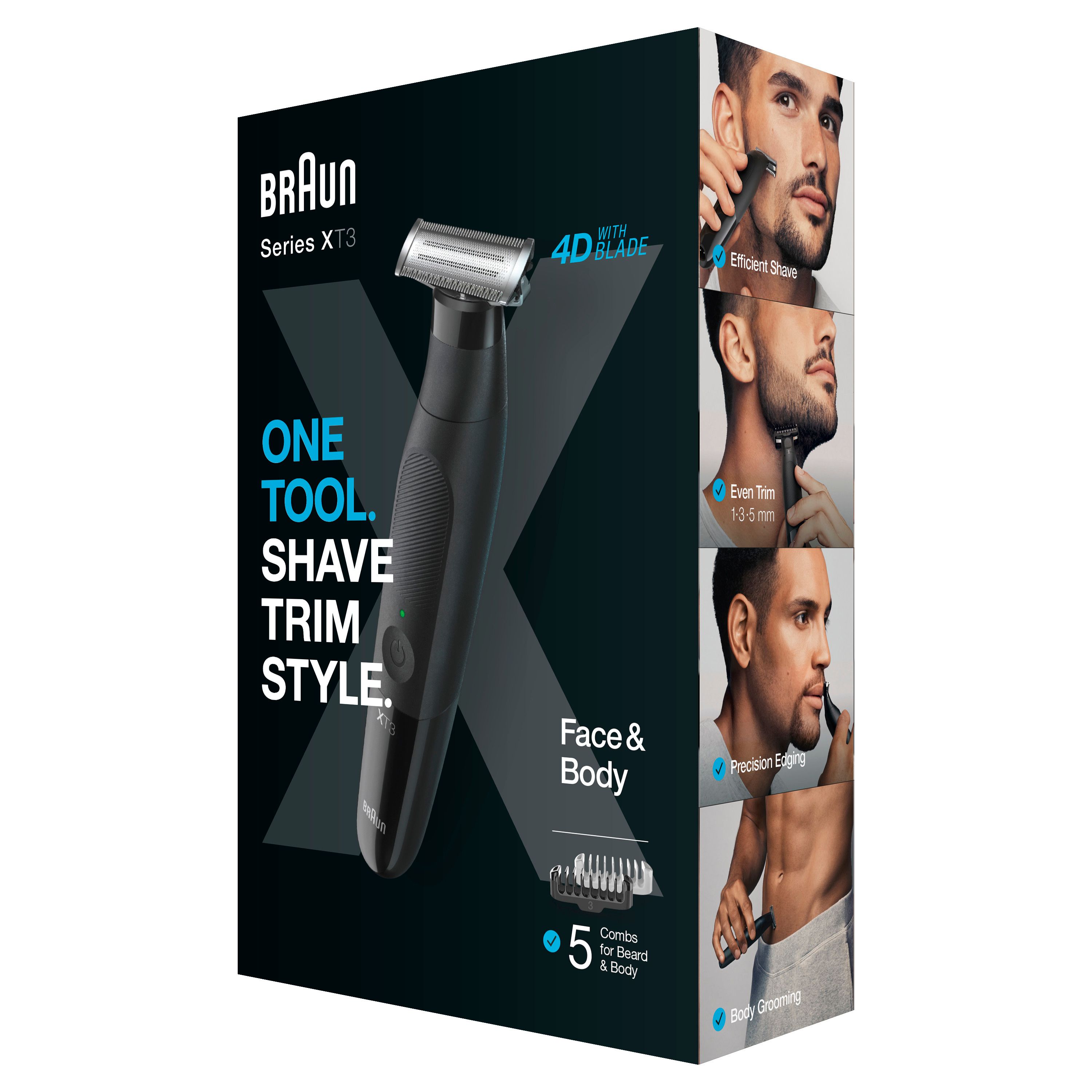 Braun Series X XT3200 Trimmer-Verpackung. Zeigt den Trimmer und Zubehör. Enthält Text und Produktabbildungen.