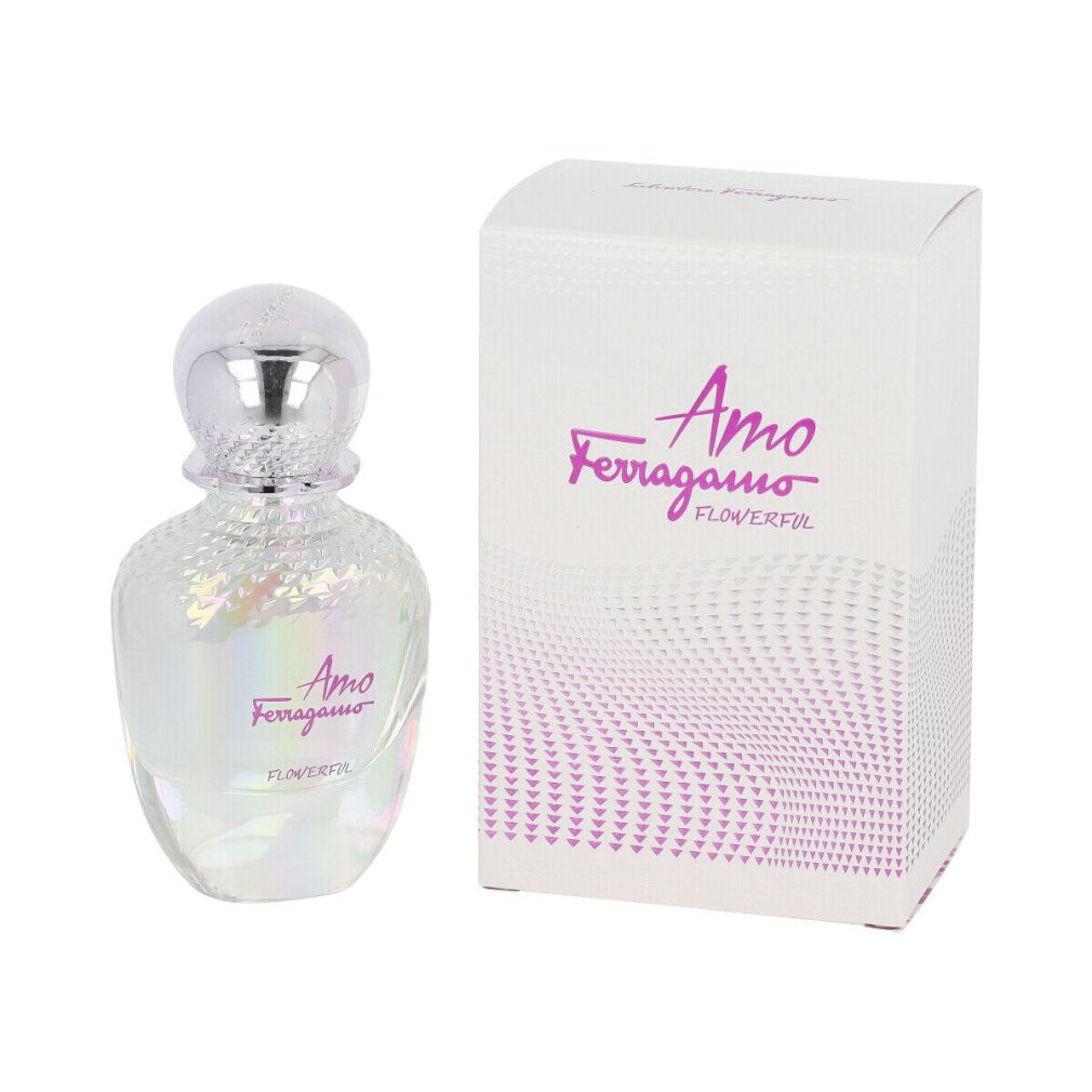 Parfümflasche und Schachtel. Aufschrift: Amo Ferragamo Flowerful. Flasche mit silbernem Deckel und irisierendem Glas.