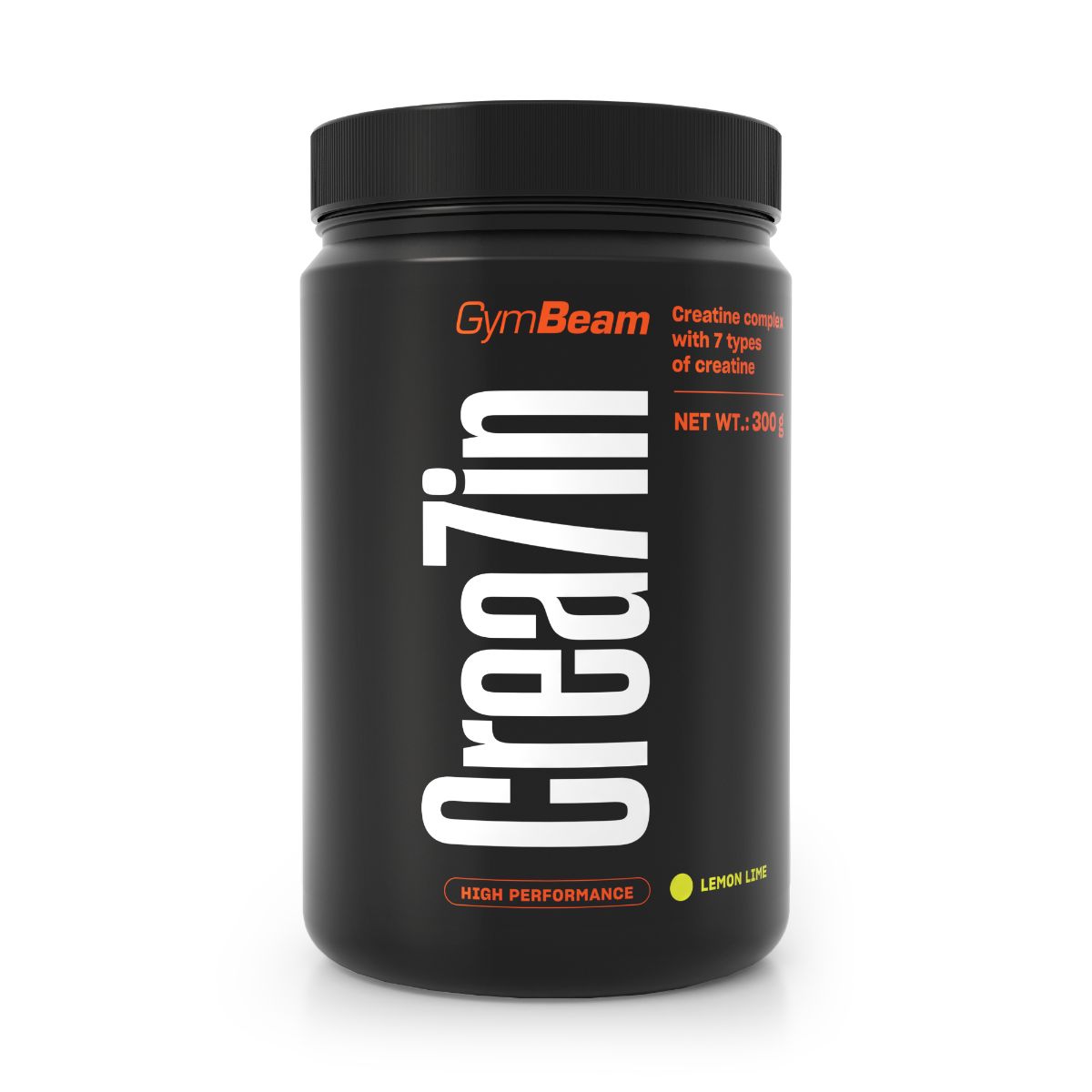 GymBeam Crea7in: Schwarzer Behälter mit Etikett, das "High Performance" und "Lemon Lime" angibt.