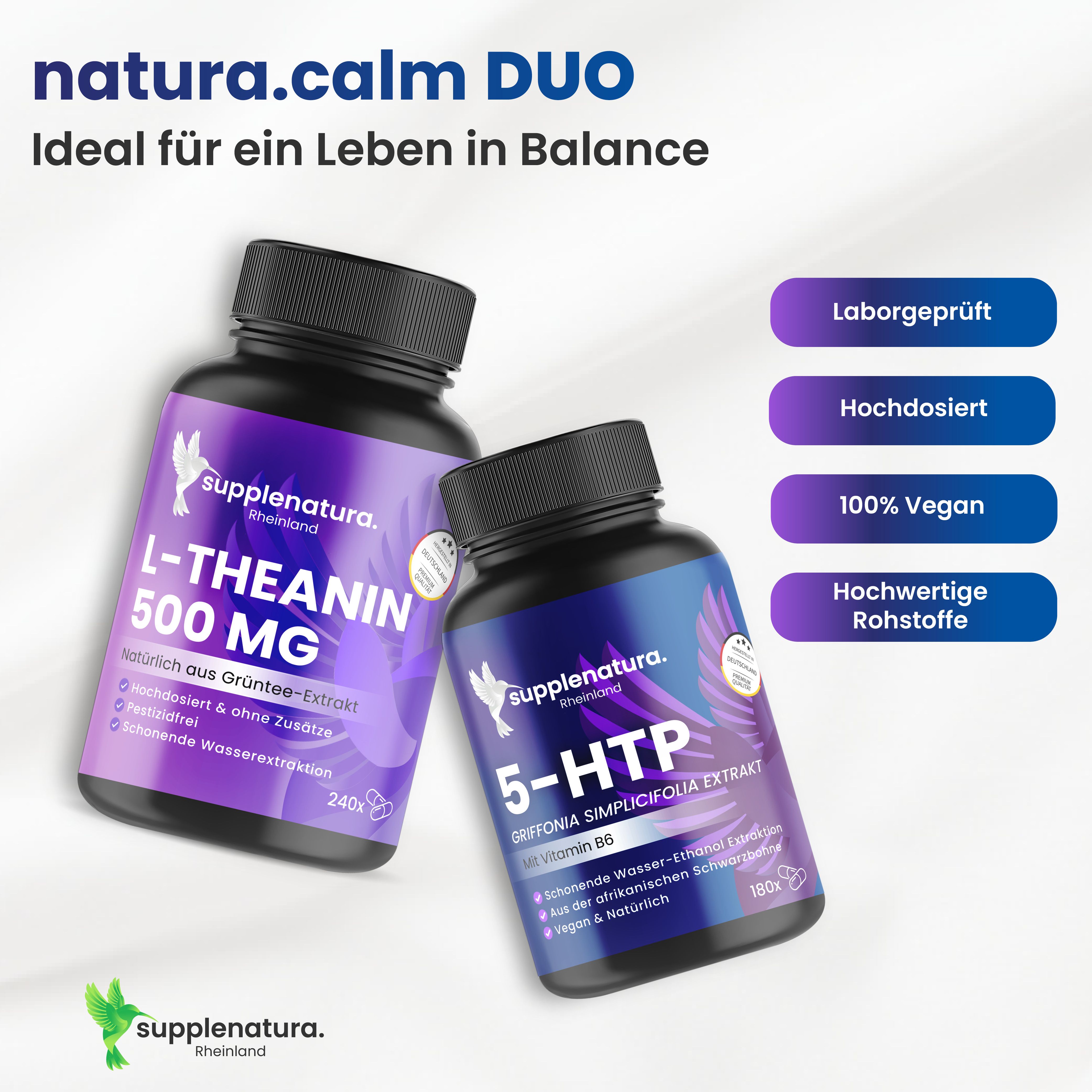 Zwei Flaschen: L-Theanin 500 MG und 5-HTP. Beide mit schwarzen Kappen und Etiketten. Text: Laborgeprüft, hochdosiert, vegan.