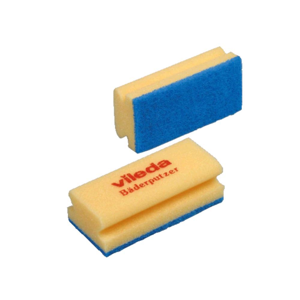 Zwei Vileda Bäderputzer. Gelber Schwamm mit blauem Putzteil. Roter Schriftzug.