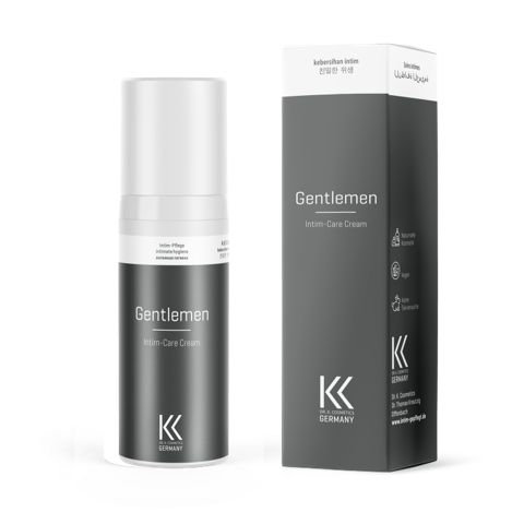 Creme-Spender und Verpackung. Aufschrift: Gentlemen Intim-Care Cream. Marke: K.K. Cosmetics Germany.