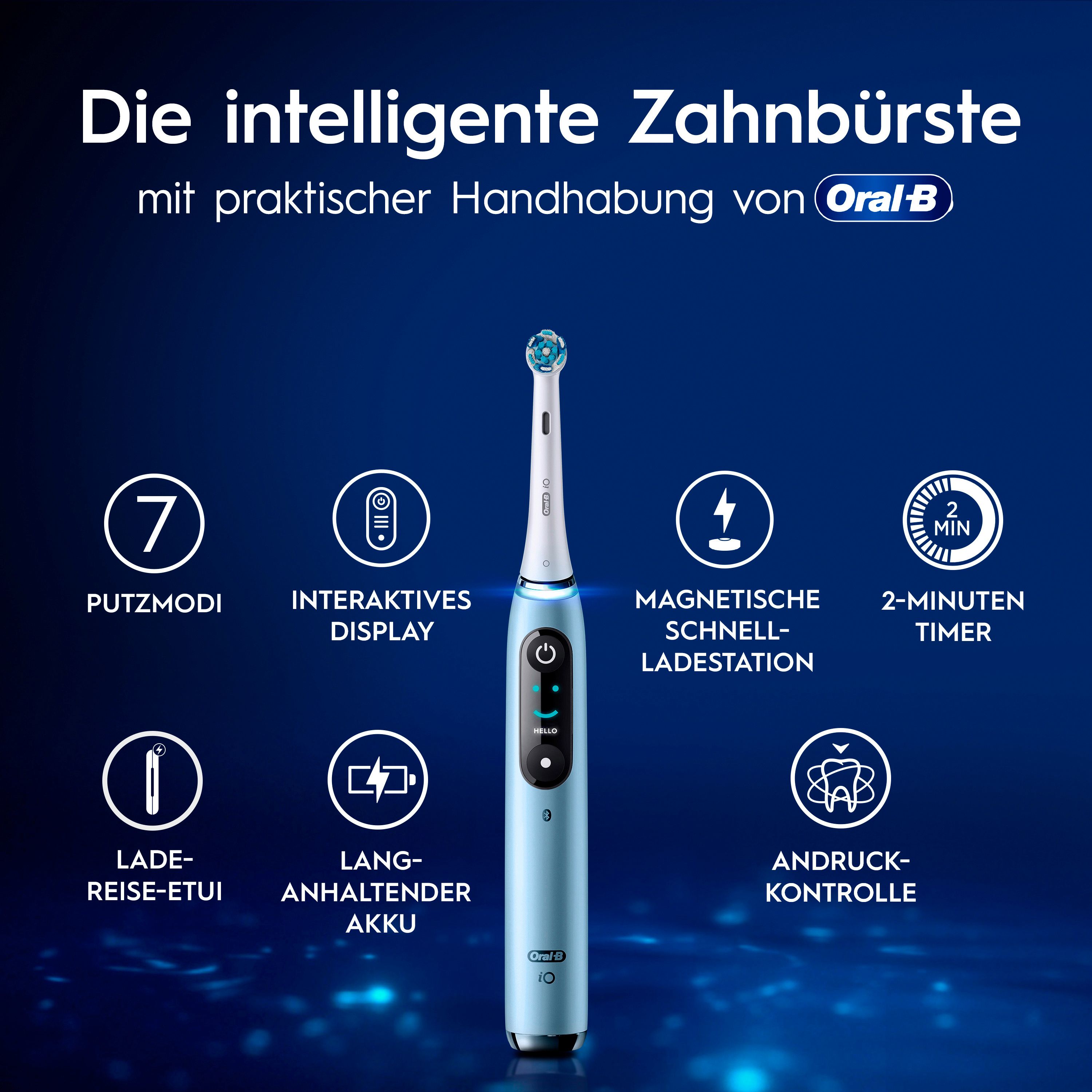 Blaue elektrische Zahnbürste mit Display. 7 Putzmodi, interaktives Display, Ladestation, 2-Minuten-Timer.
