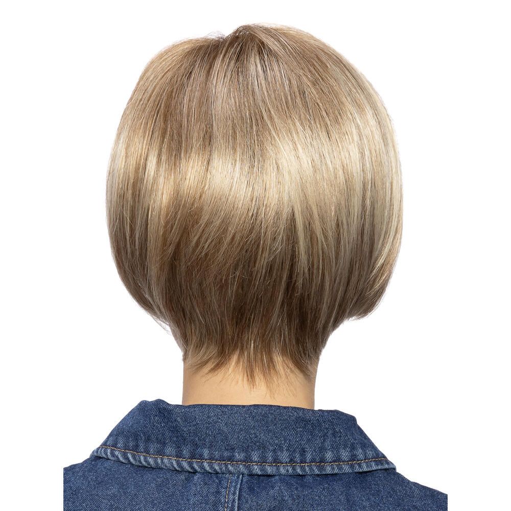 Blonde Kurzhaarperücke, Rückansicht. Natürlicher Haarfall, leicht gewellt.