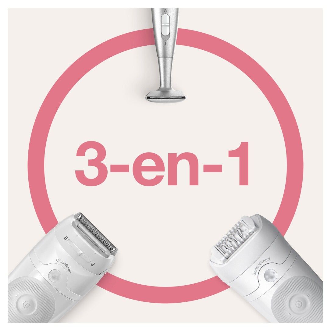 Drei Epilierer-Aufsätze, darunter zwei Geräte mit der Aufschrift "3-en-1".
