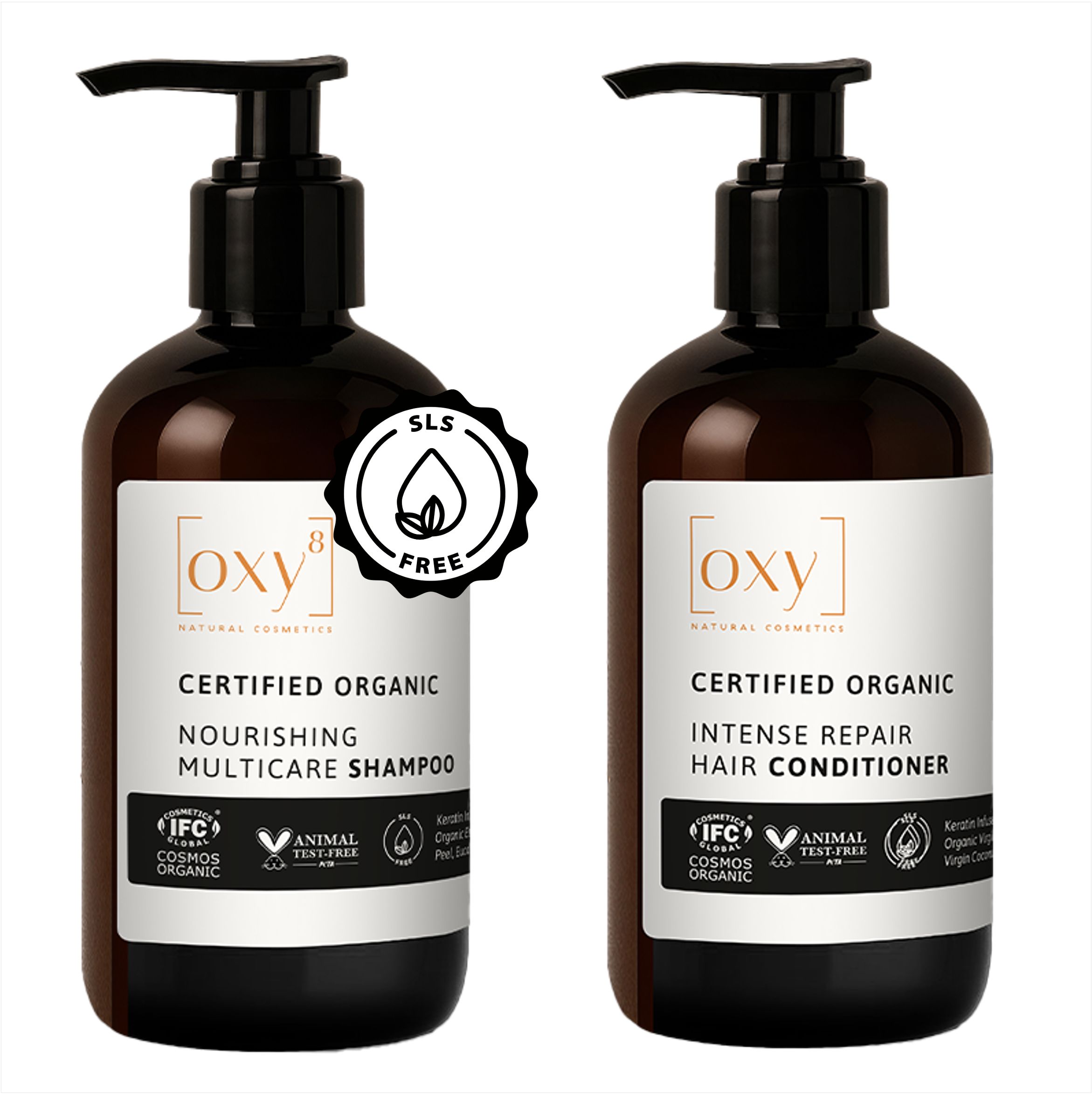 Zwei braune Flaschen mit schwarzem Pumpverschluss. Aufschrift: oxy8, Shampoo und Conditioner.