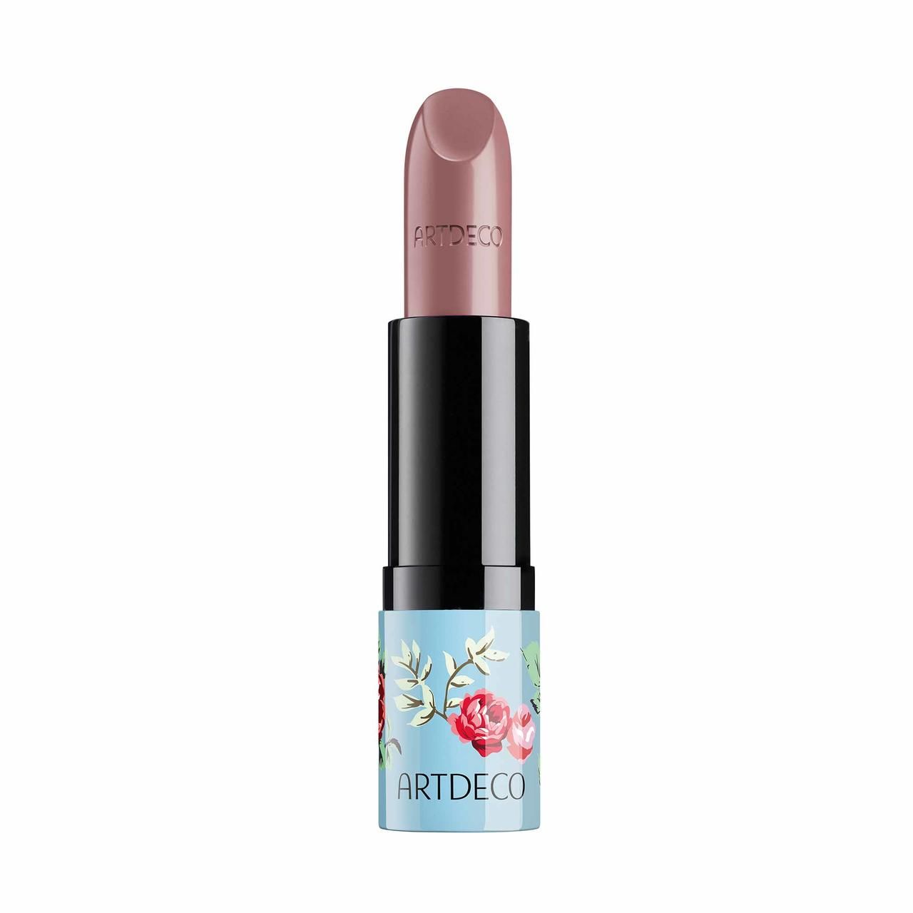 Lippenstift mit floralem Muster. Schwarzer Korpus, hellblauer Boden mit Rosen. Marke ARTDECO.