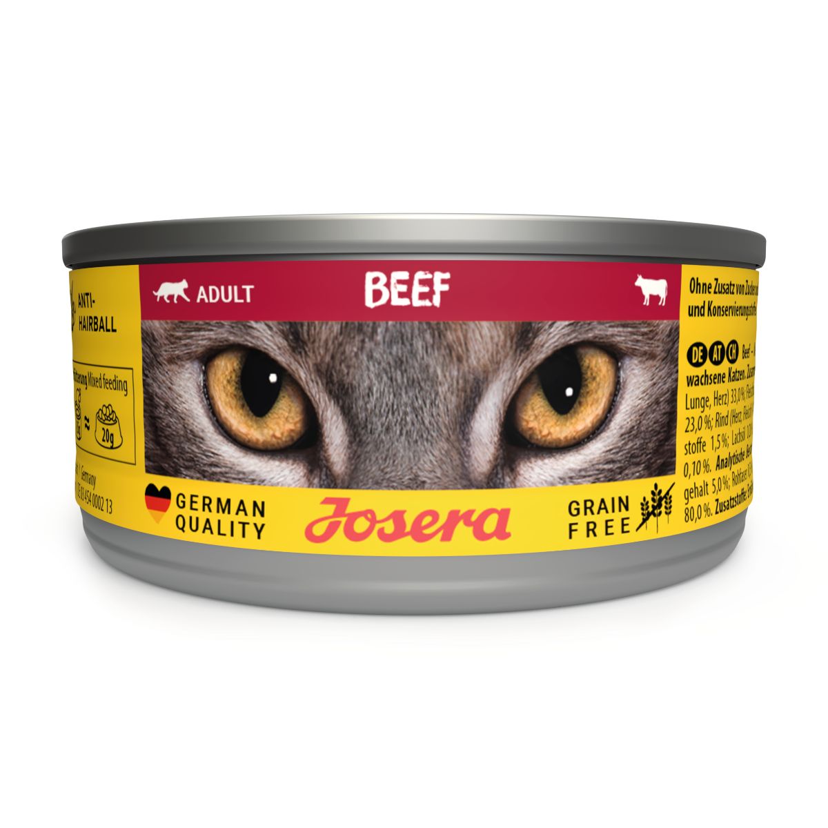 Dose JOSERA Beef für Katzen. Gelbes Etikett mit Produktinformationen und Katzenaugen. "German Quality"-Siegel.