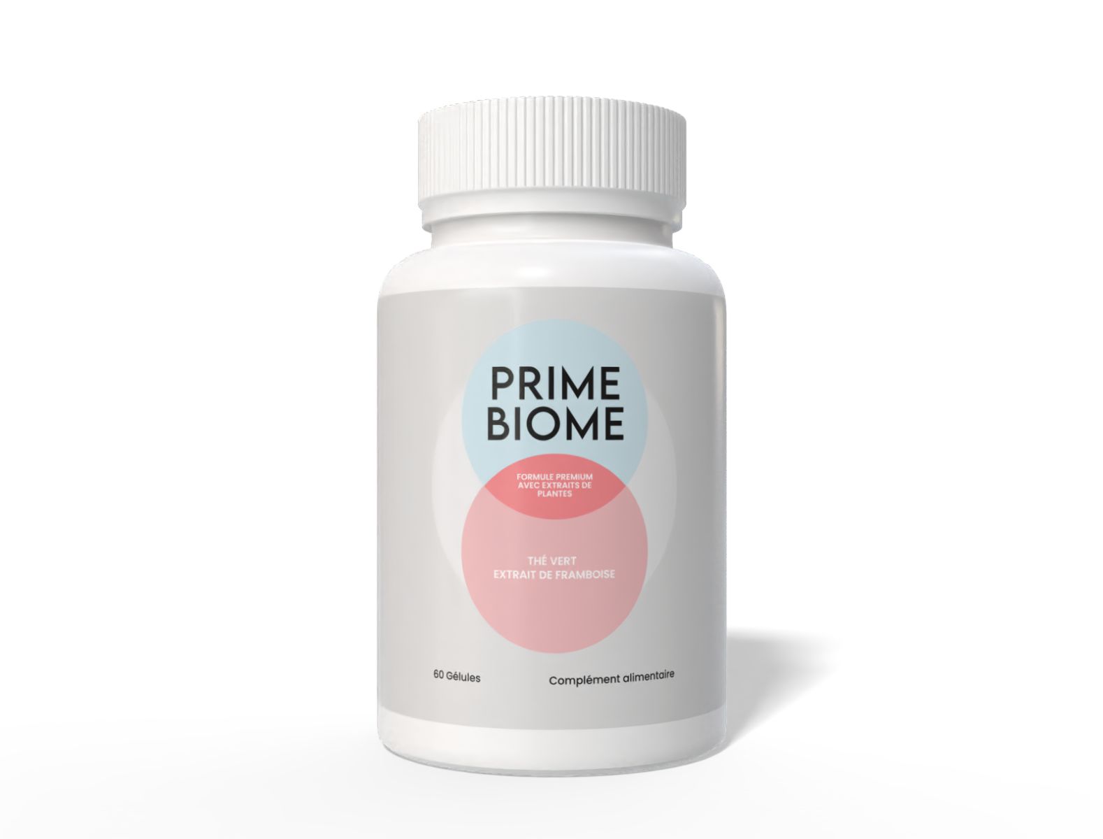 Weiße Flasche Prime Biome. Etikett mit Produktnamen und Inhaltsstoffen. 60 Kapseln. Nahrungsergänzungsmittel.