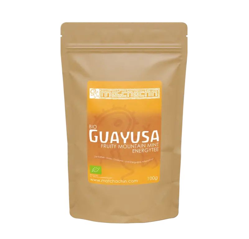 Brauner Beutel mit gelbem Etikett. Aufschrift: Matchachin BIO Guayusa Fruity Mountain Mint. Mit Logo und Text.