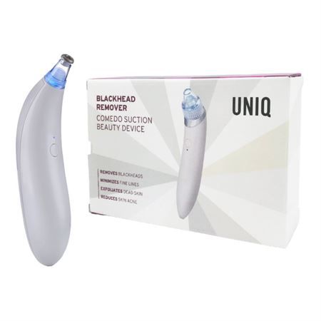 Gerät und Verpackung. Auf der Verpackung steht: UNIQ, Blackhead Remover, Comedo Suction Beauty Device. Enthält Produktinformationen.