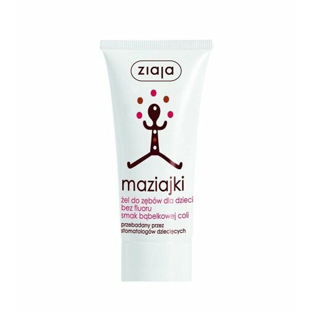 Zahncreme-Tube mit "ziaja"-Logo und "maziajki"-Schriftzug. Abbildung einer Figur. Text in Polnisch.