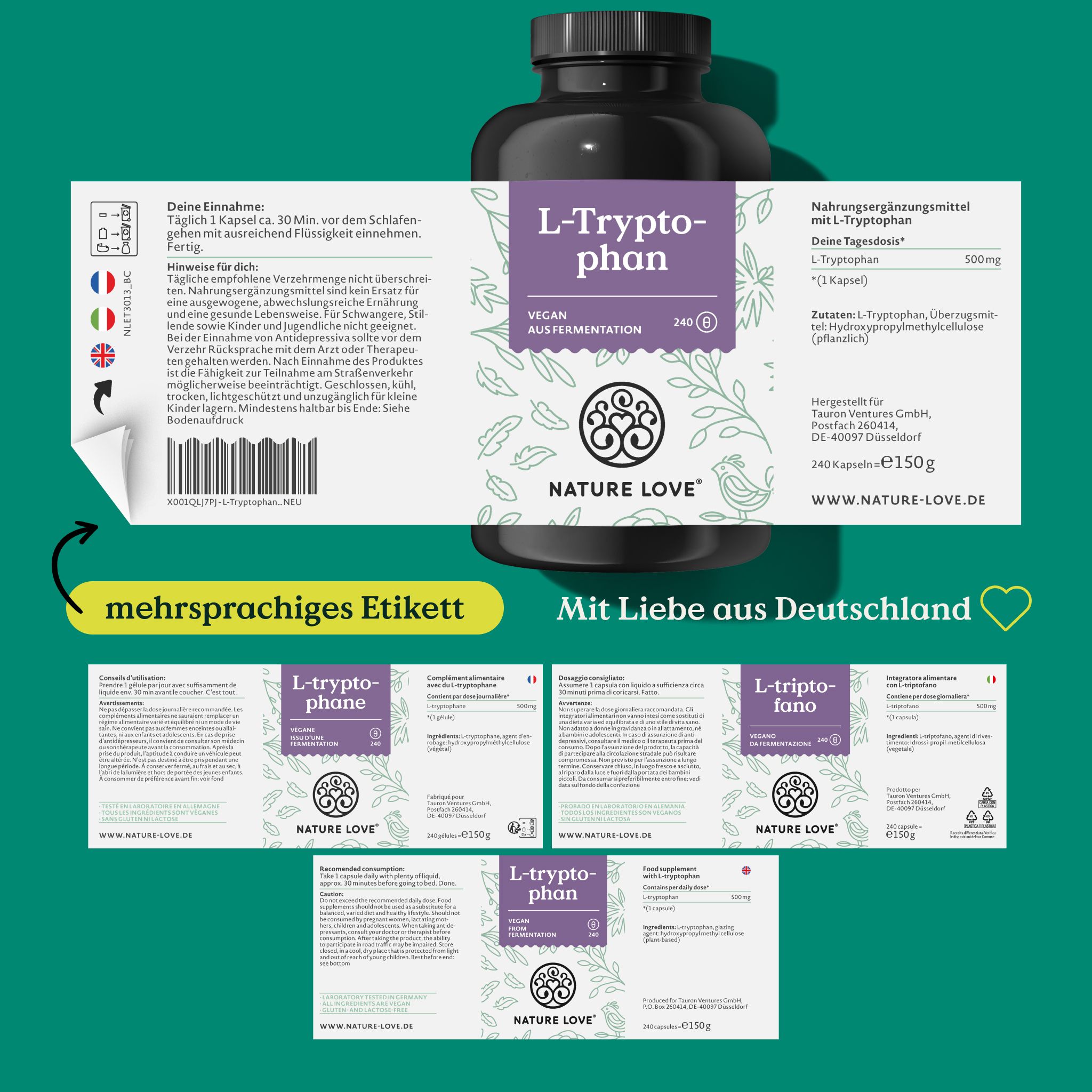 NATURE LOVE® L-Tryptophan - 240 Kapseln, laborgeprüft, hochdosiert mit 500 mg je Tagesdosis