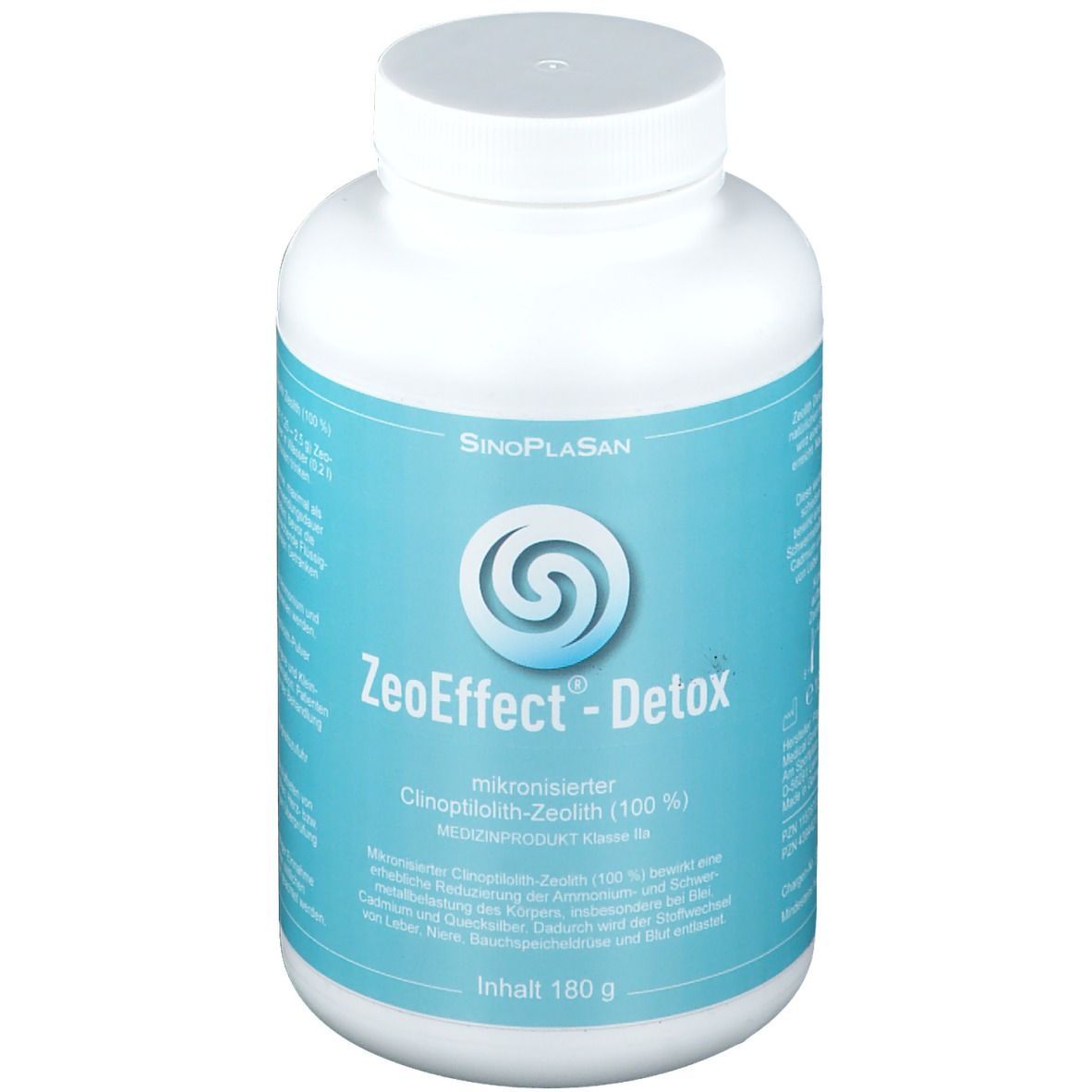 Weiße Flasche mit blauem Etikett. Aufschrift: ZeoEffect-Detox, mikronisiertes Clinoptilolith-Zeolith (100%). Inhalt 180 g.