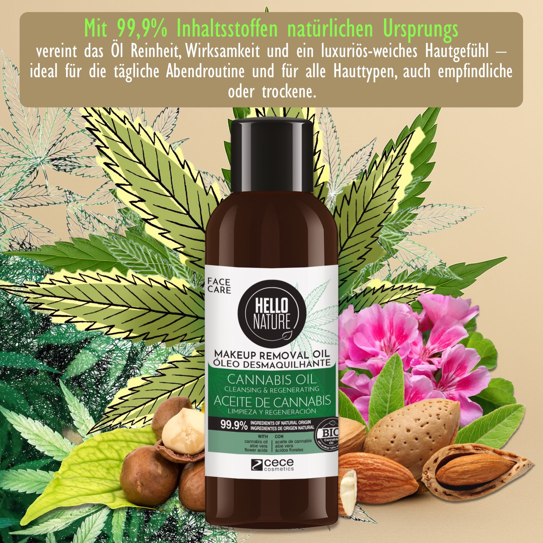 Hello Nature Make-up-Entferner für Gesichtreinigung mit Hanföl