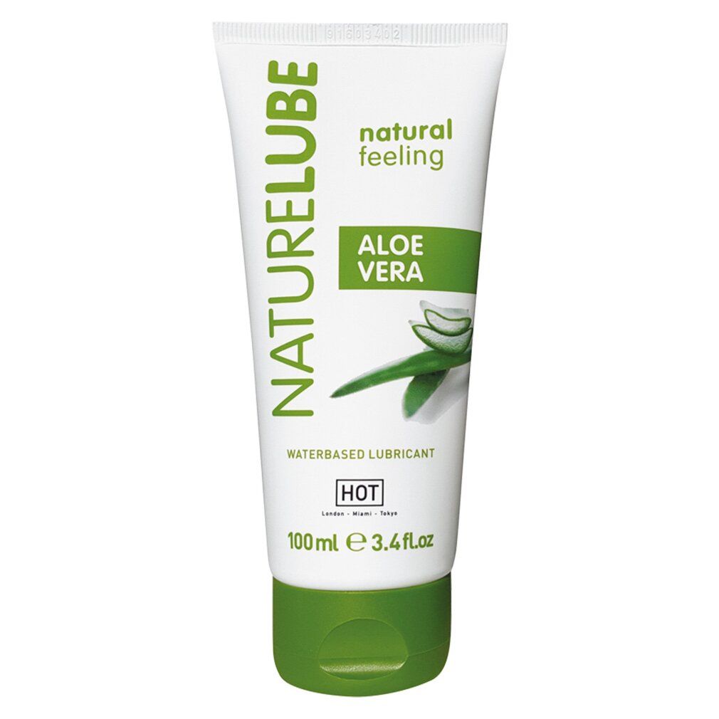 Tube mit "NATURELUBE" und "Aloe Vera". "waterbased lubricant". "HOT". 100ml. Grüner Verschluss. Aloe Vera-Illustration.