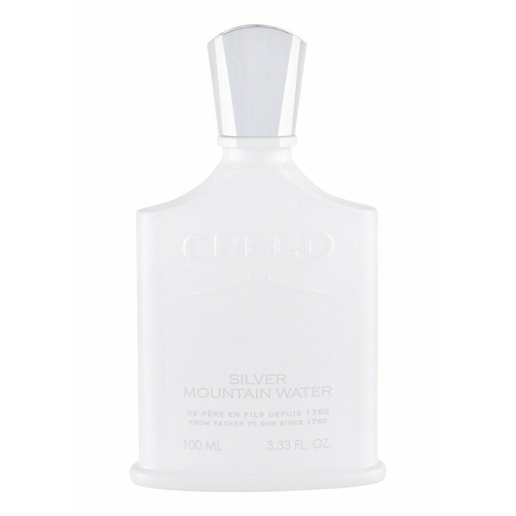 Weiße Parfumflasche. Aufschrift: Creed Silver Mountain Water. Flasche mit silbernem Verschluss.