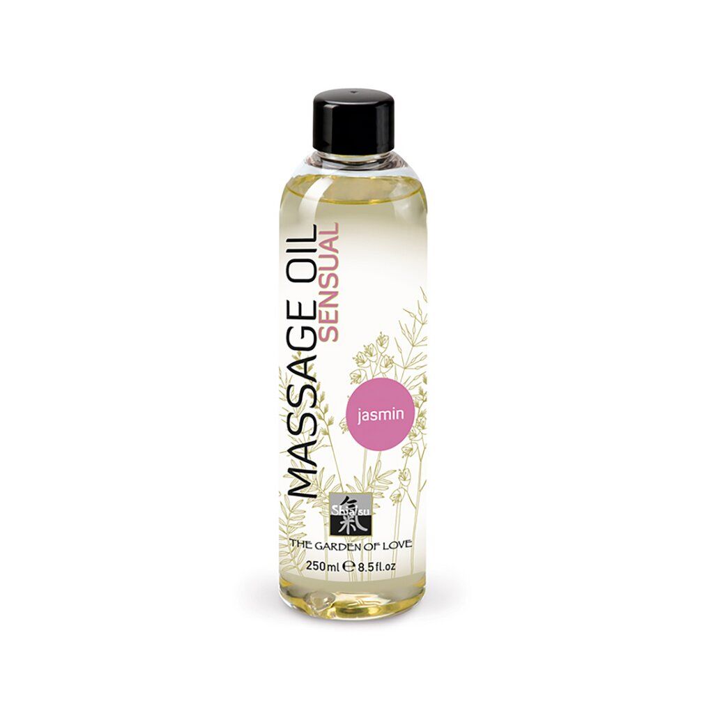 Massageöl Flasche mit schwarzem Deckel. Transparente Flüssigkeit mit zarten Pflanzenmotiven und rosa Jasmin-Kreis.