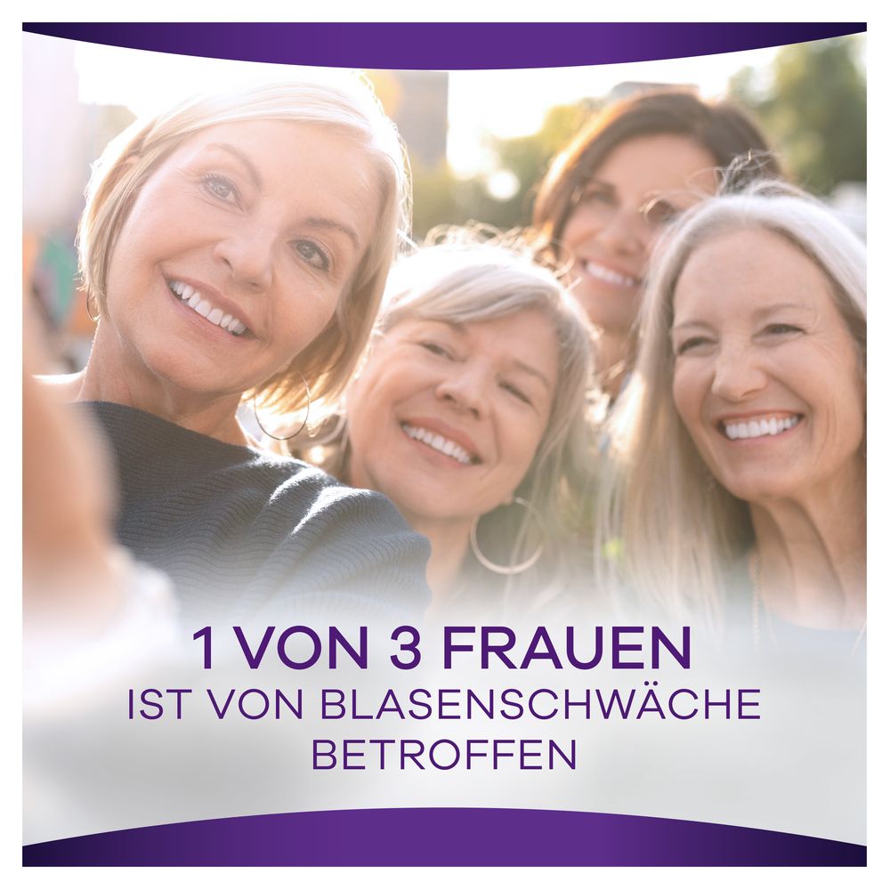 Vier Frauen lächeln in die Kamera. Text: 1 von 3 Frauen ist von Blasenschwäche betroffen.