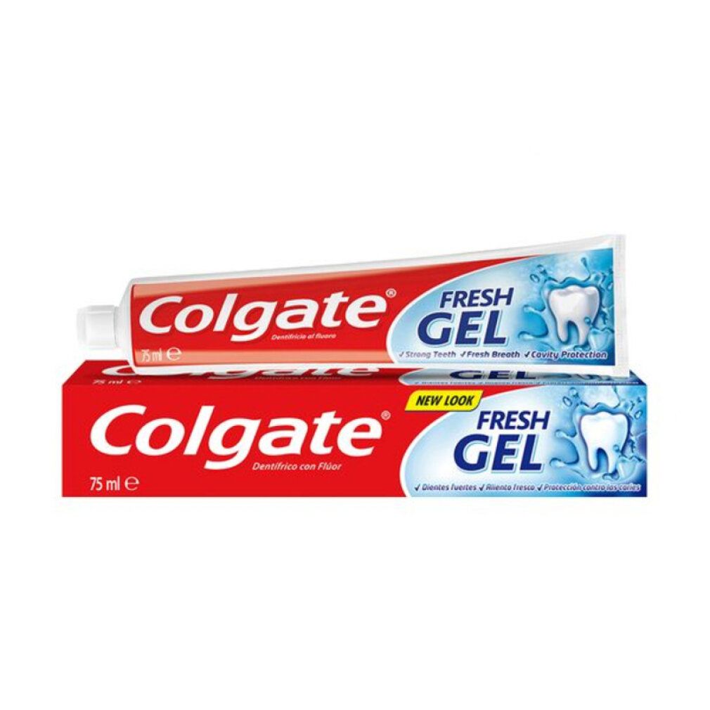 Zahnpasta-Tube und -Verpackung. Tube und Verpackung mit Colgate-Schriftzug und Fresh Gel-Bereich.
