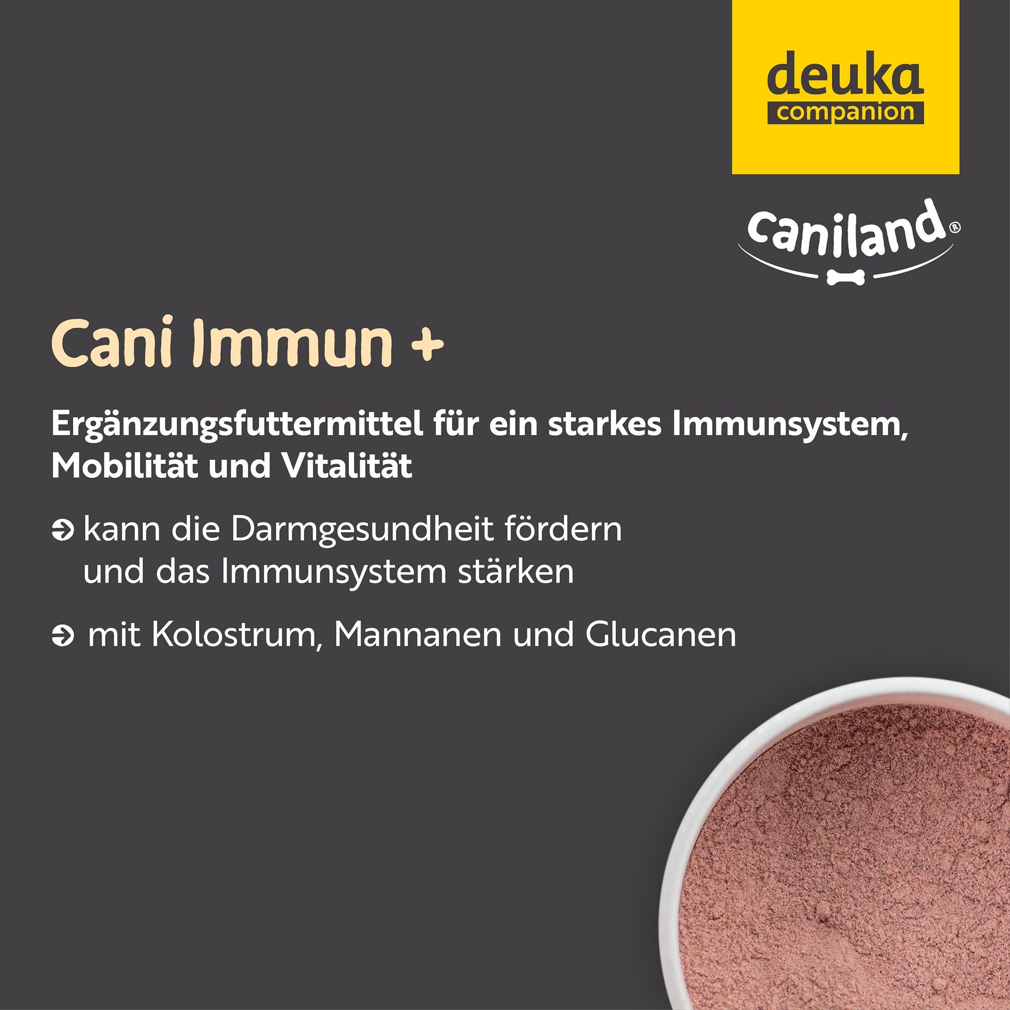 Cani Immun+ Ergänzungsfuttermittel. Text auf grauem Hintergrund. Logo und Produktname.