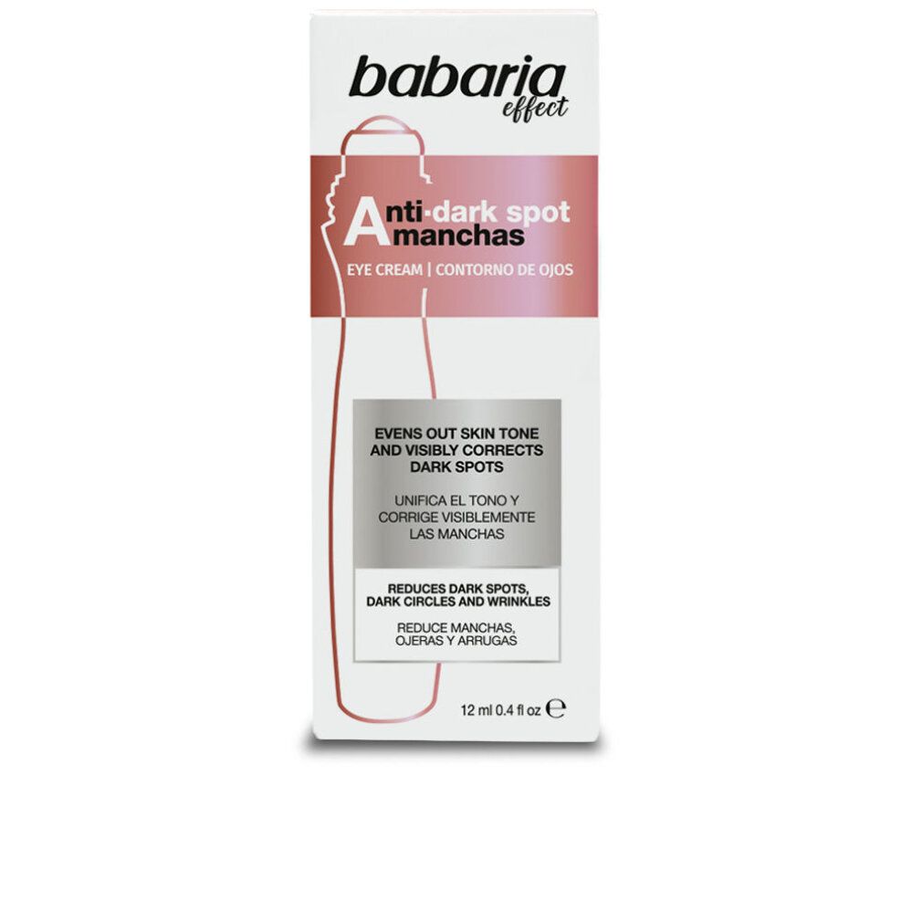 Babaria Anti-dunkle Flecken Augencreme. Kartonverpackung mit Produktinformationen und Applikator-Umriss.
