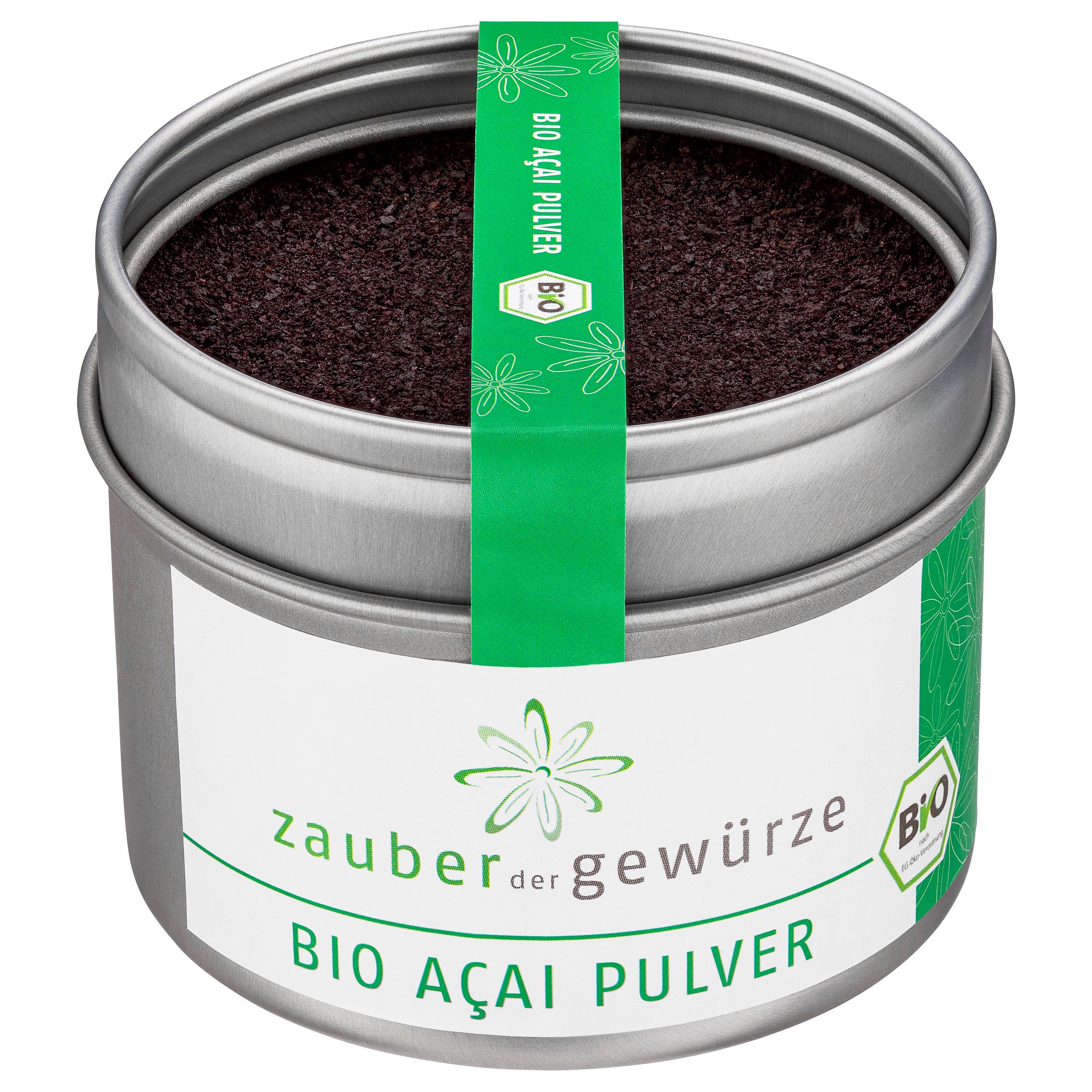 Runde Dose mit Bio Acai Pulver. Dose mit grünem Etikett und Schriftzug. Bio-Siegel.
