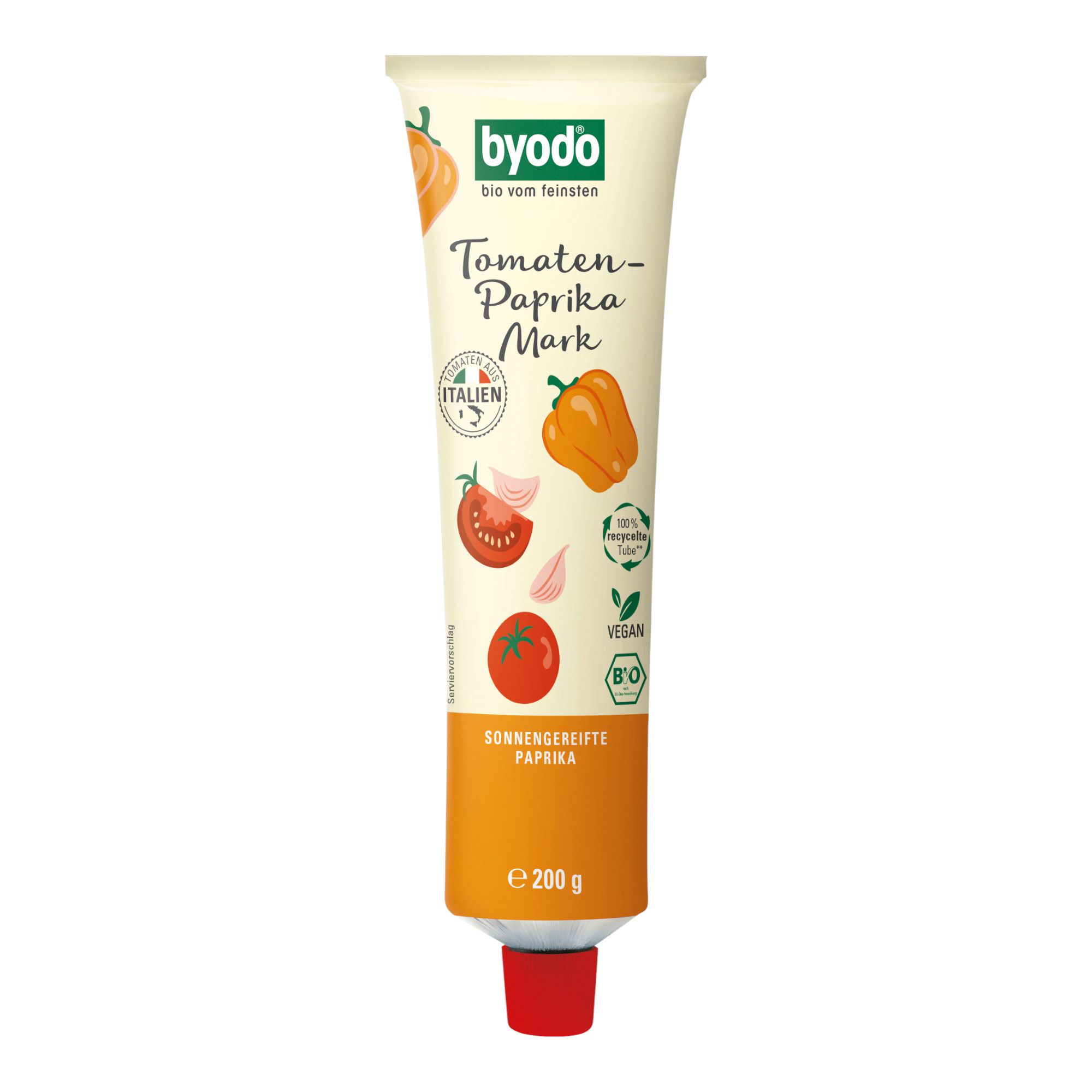 BYODO Tomaten-Paprika Mark Tube mit Abbildungen von Tomaten, Paprika und Knoblauch. 200g.