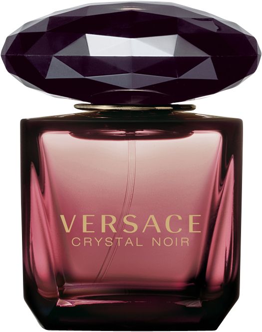 Versace Crystal Noir Flakon. Eckiger, rosafarbener Glasflakon mit schwarzem, facettiertem Deckel. Goldener Schriftzug.