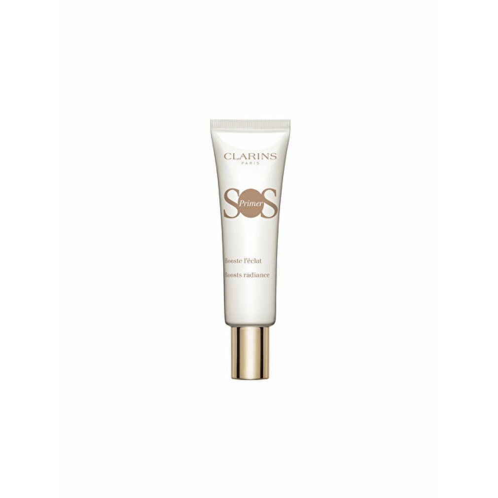 Clarins SOS Primer Tube, weiß, goldener Verschluss. Text: SOS Primer, illumine l'éclat, Teint radiant.