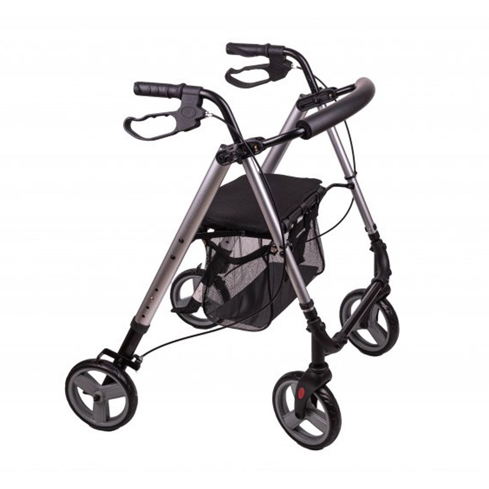 Rollator aus Aluminium mit Einkaufstasche. Vier Räder, schwarze Griffe und Tasche. Silberfarbenes Gestell.