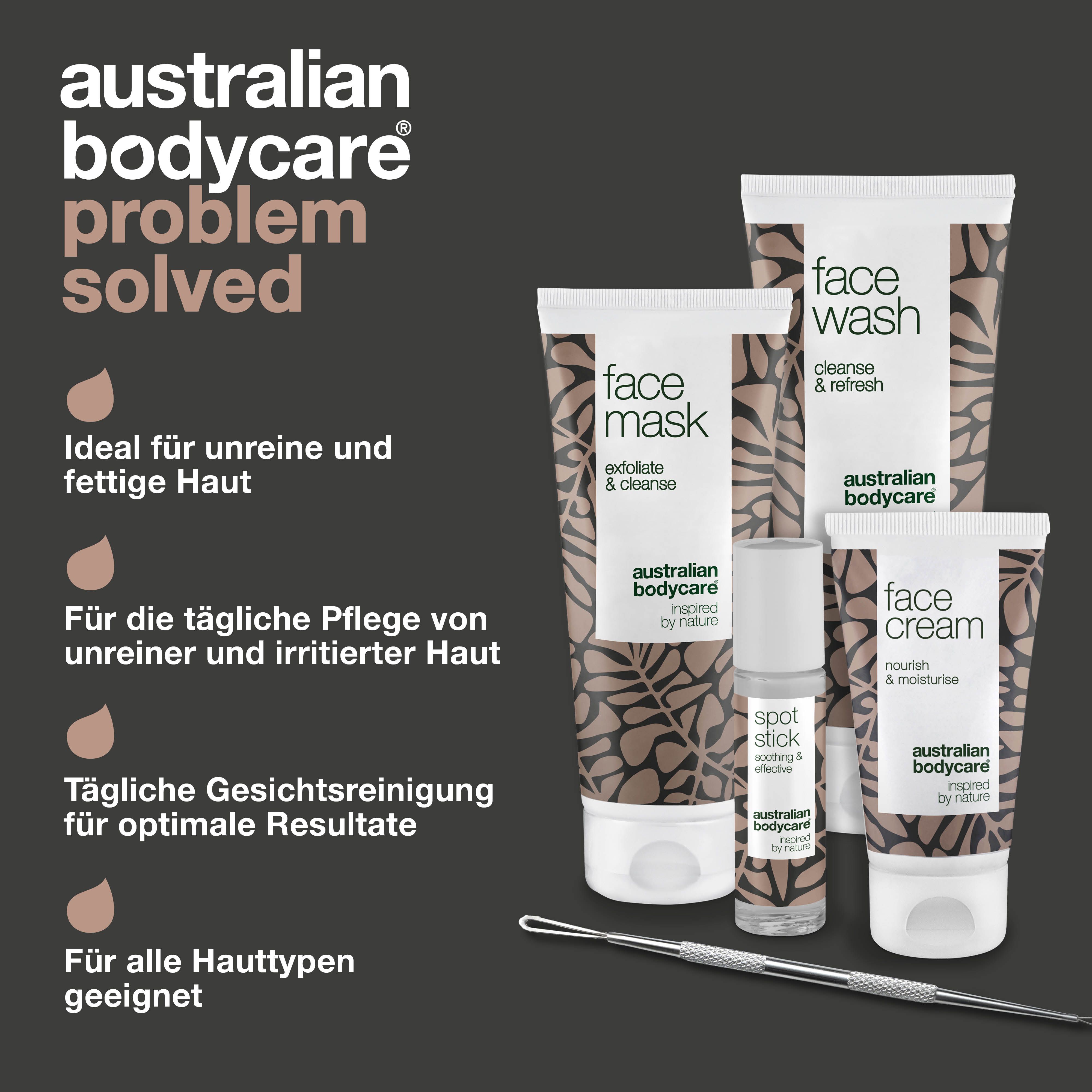 Problem gelöst. Produkte: Gesichtsreinigung, Maske, Creme, Spot Stick und Werkzeug. Text: Australian Bodycare.
