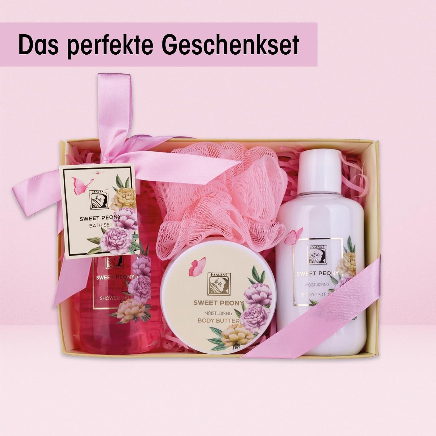 Geschenkset mit Duschgel, Bodylotion, Bodybutter und Badeschwamm. Rosa Schleife. Kartonverpackung mit floralem Design.