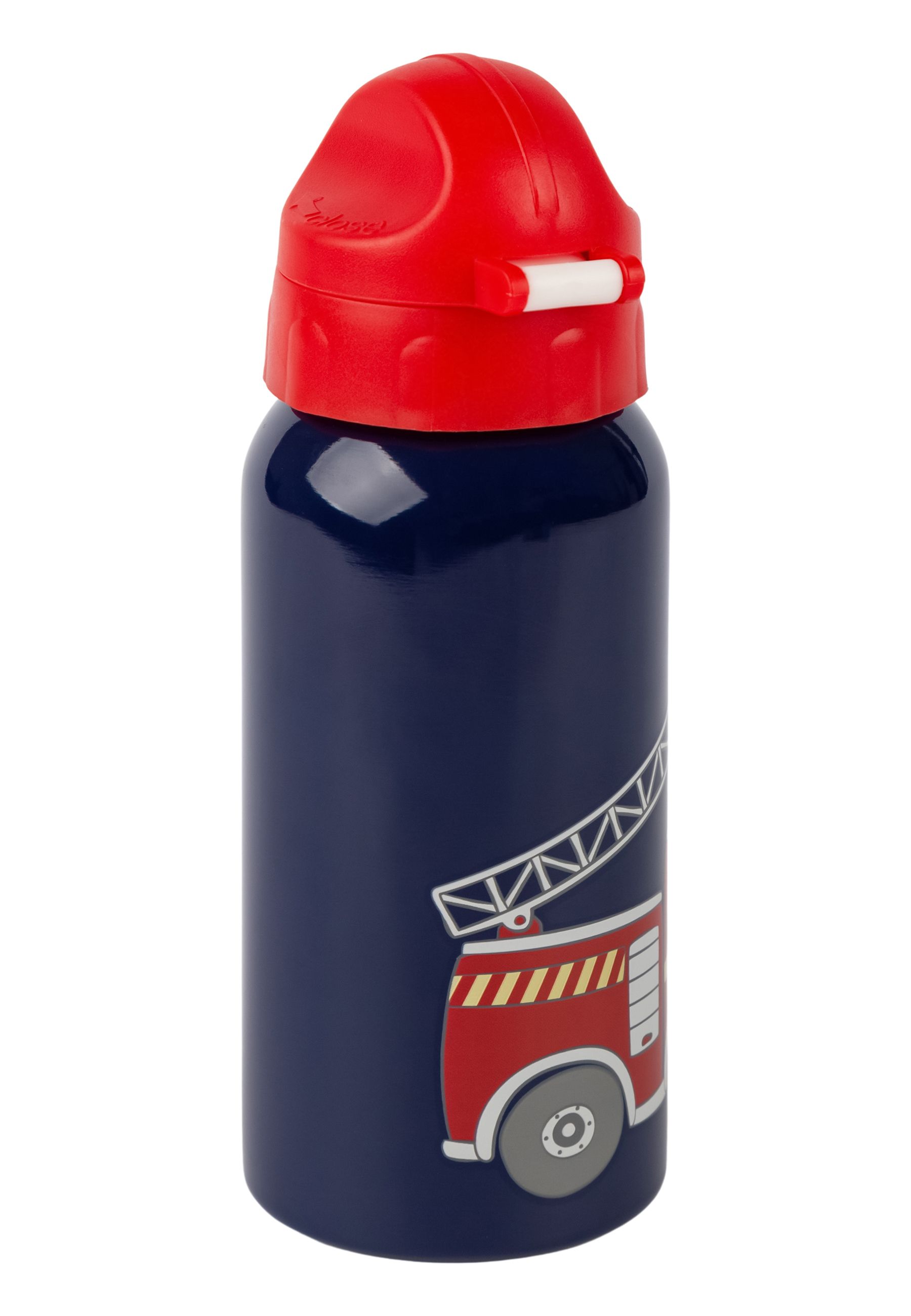 Dunkelblaue Trinkflasche mit rotem Deckel. Feuerwehr-Illustration. Edelstahlflasche.