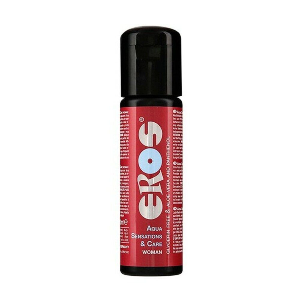 Flasche mit rotem Etikett. Aufschrift: EROS Aqua Sensations & Care. Schwarzer Deckel. Text: Glycerin-frei & Aloe Vera & Panthenol.