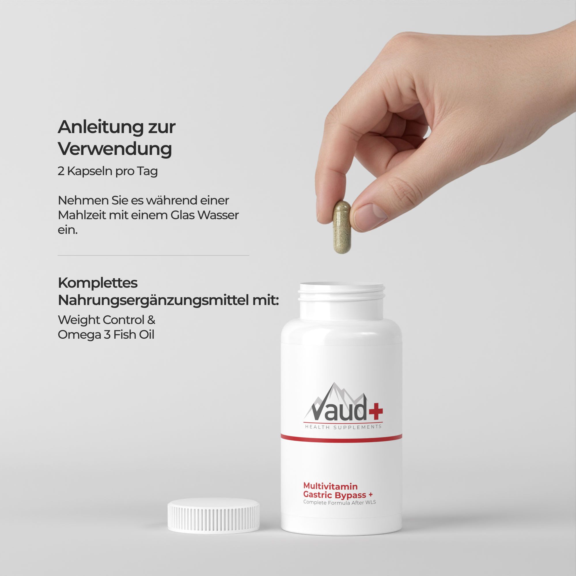 Hand hält Kapsel über einer Flasche. Aufschrift: Vaud+ Health Supplements. Text: Multivitamin Gastric Bypass +. Anleitung: 2 Kapseln pro Tag.