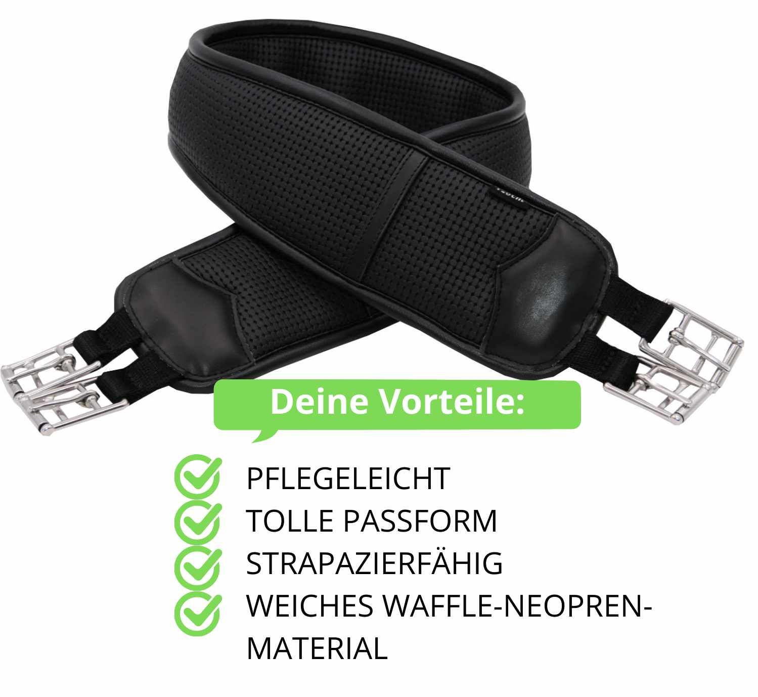 Schwarzer Sattelgurt aus Neopren. Text mit Vorteilen: pflegeleicht, tolle Passform, strapazierfähig, weiches Waffle-Neopren-Material.