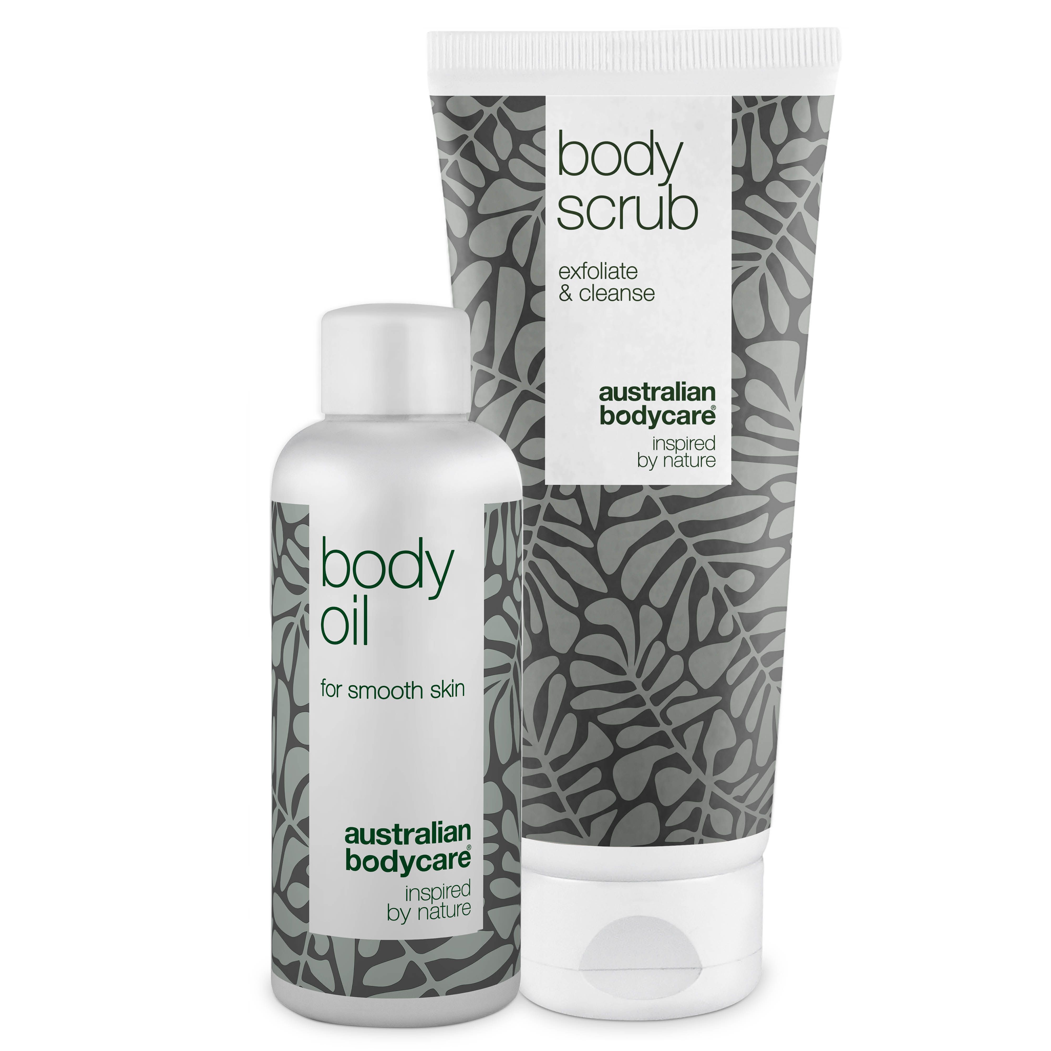 Zwei Produkte: Körperöl und Körperpeeling. Beide in weißen Flaschen und Tuben mit grauen Blättern. Marke: Australian Bodycare.