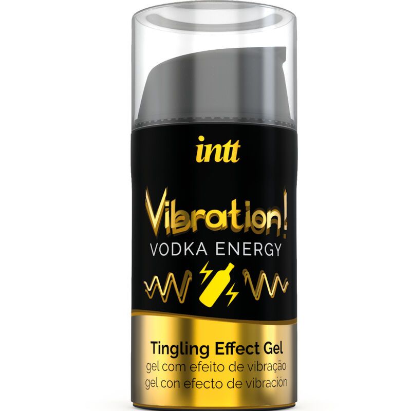 Zylinderförmiges Gel mit schwarzem Korpus, goldfarbenem Schriftzug und transparentem Deckel. Aufschrift: Vibration! Vodka Energy.