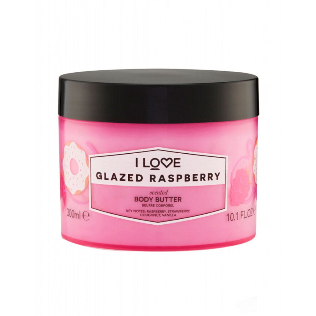 Rosa Tiegel mit schwarzem Deckel. Aufschrift: I LOVE Glazed Raspberry Body Butter. 300ml und 10.1 FL.OZ.
