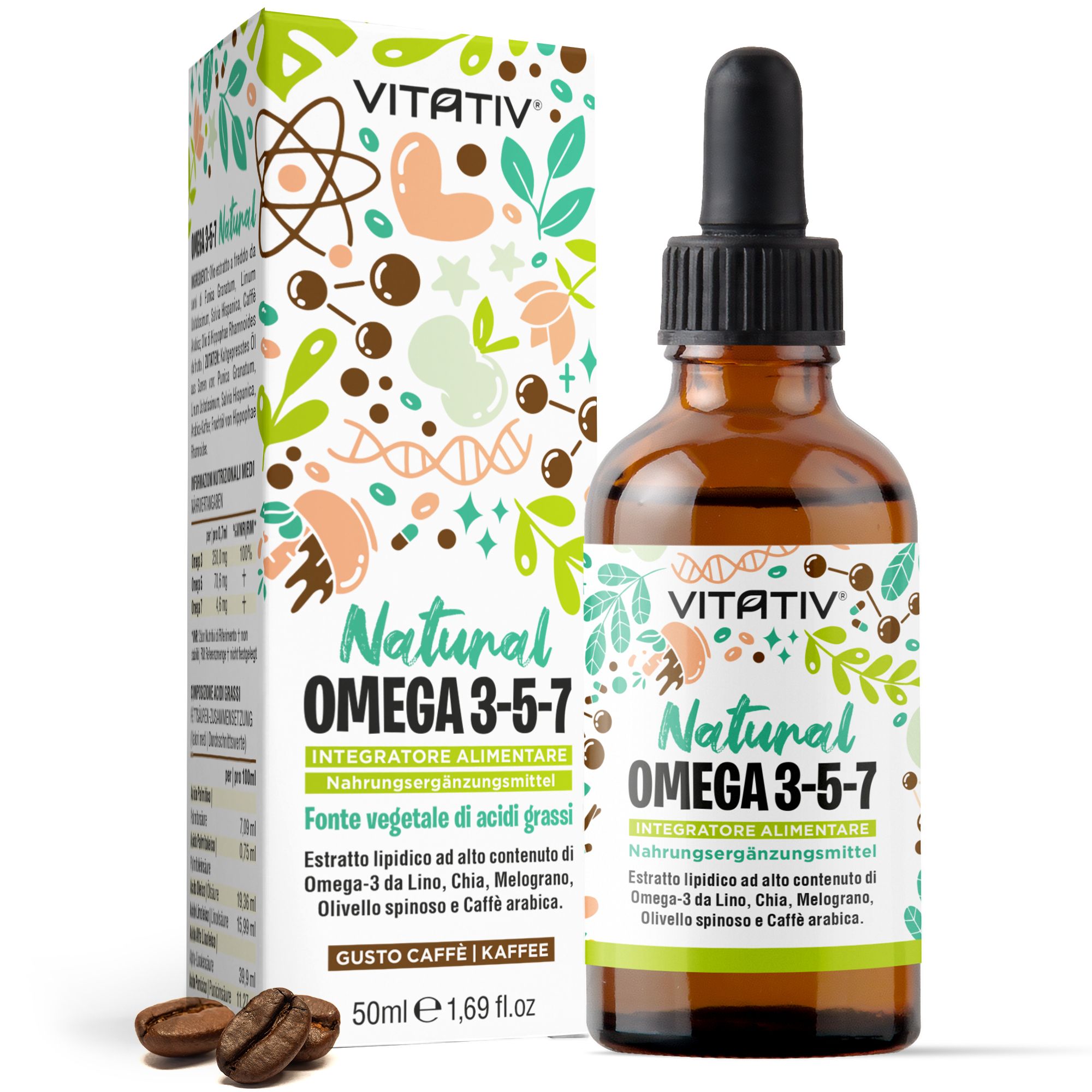 Vitativ® Omega 3-5-7 Fonte Vegetale Acidi Grassi con Acido Oleico, Linoleico, Alfa Linoleico, Caffè
