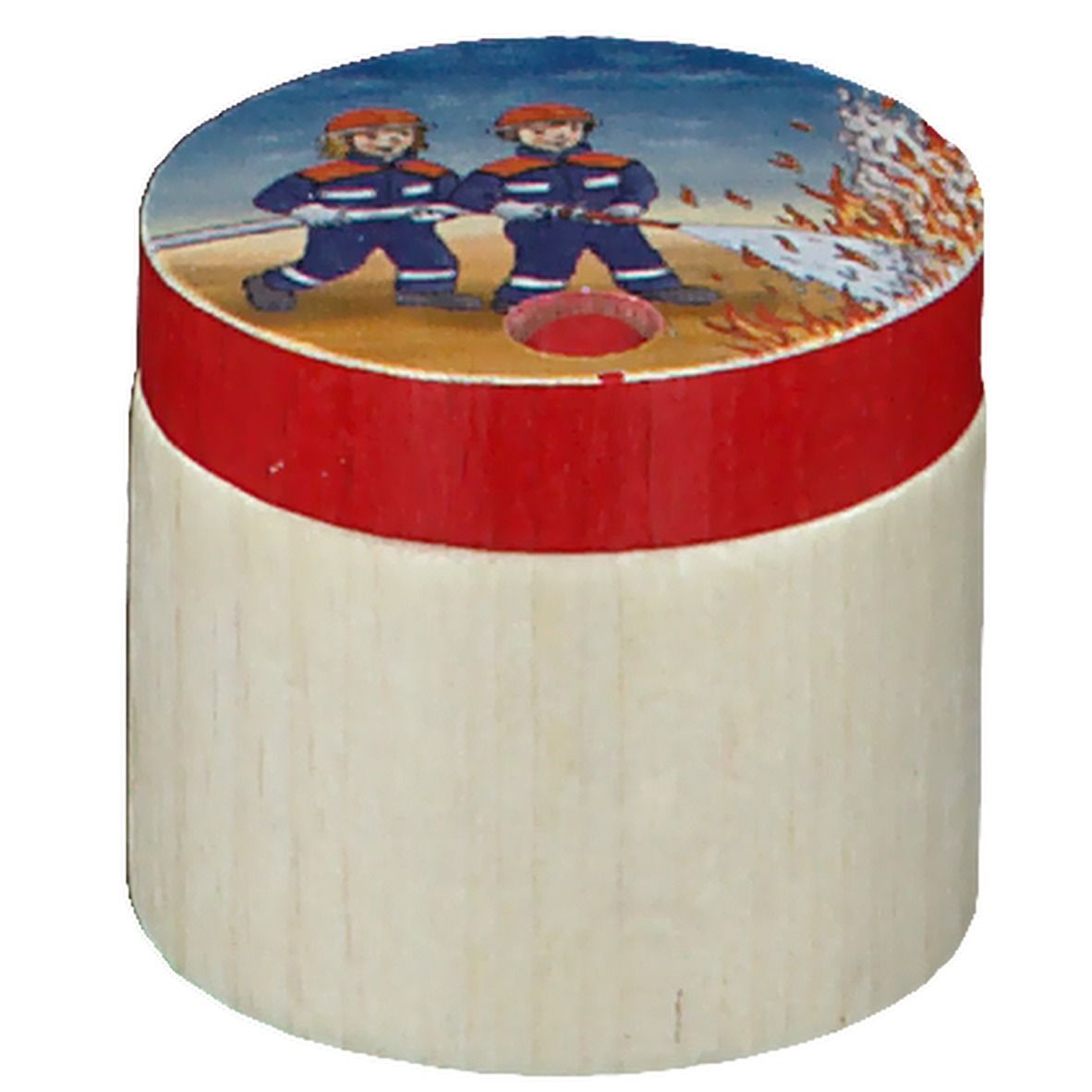 Zahnbox mit Feuerwehr-Motiv. Zylindrische Form, Holz. Roter Deckel mit Feuerwehrleuten und Flammen. Loch im Deckel.
