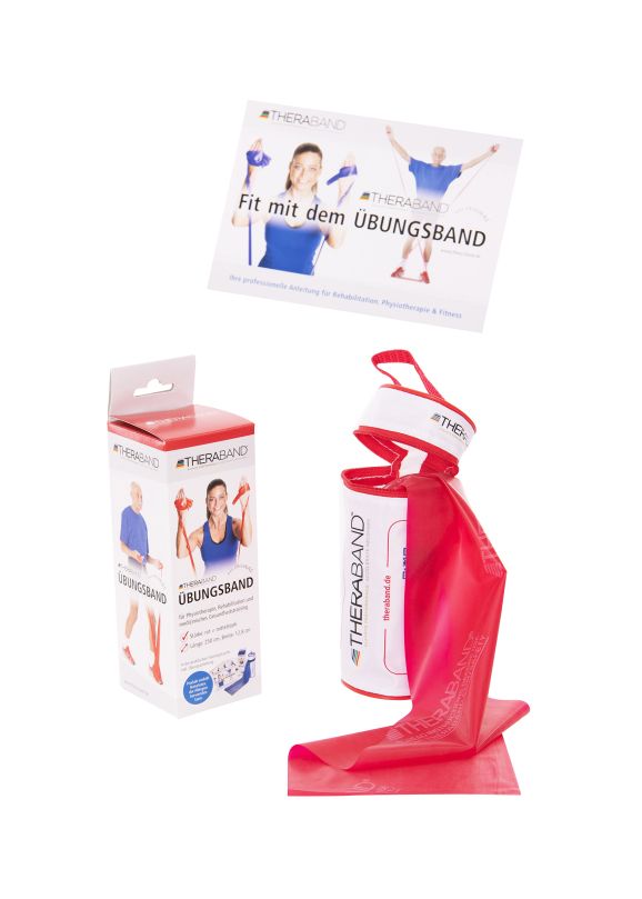 Rotes Übungsband, aufgerollt und ausgebreitet. Verpackung mit Produktabbildung und Text. Broschüre mit Übungsbeispielen.