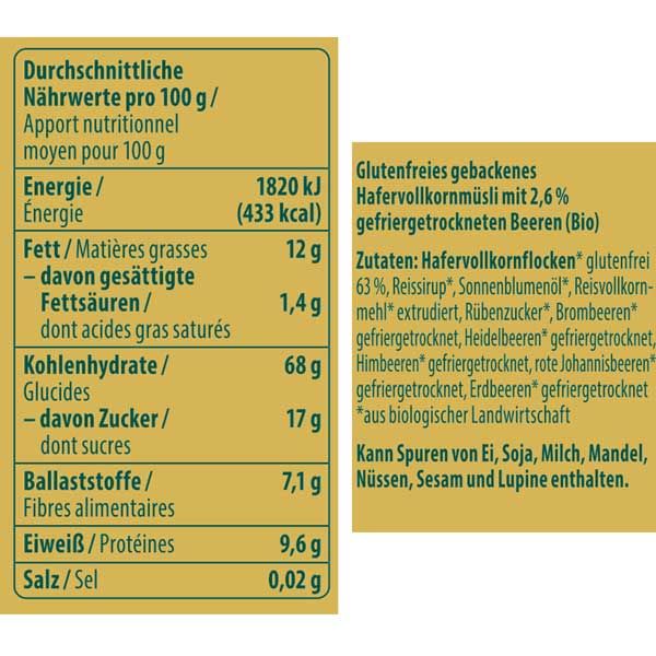 Nährwerttabelle mit Informationen zu Energie, Fett, Kohlenhydraten, Ballaststoffen, Eiweiß und Salz. Zutatenliste mit Beeren.