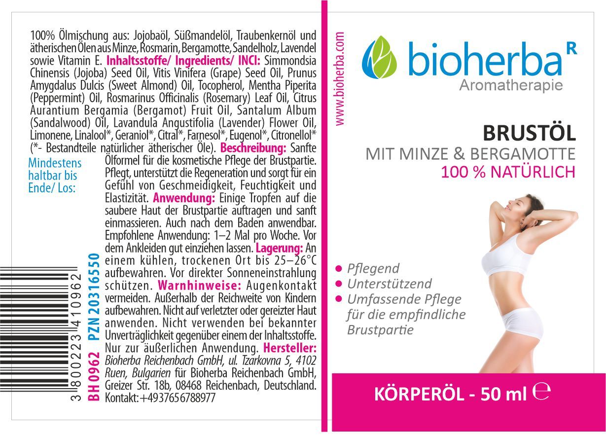Produktetikett mit Text und Inhaltsstoffen. Logo von Bioherba. Brustöl mit Minze & Bergamotte. 100% natürlich. Körperöl.