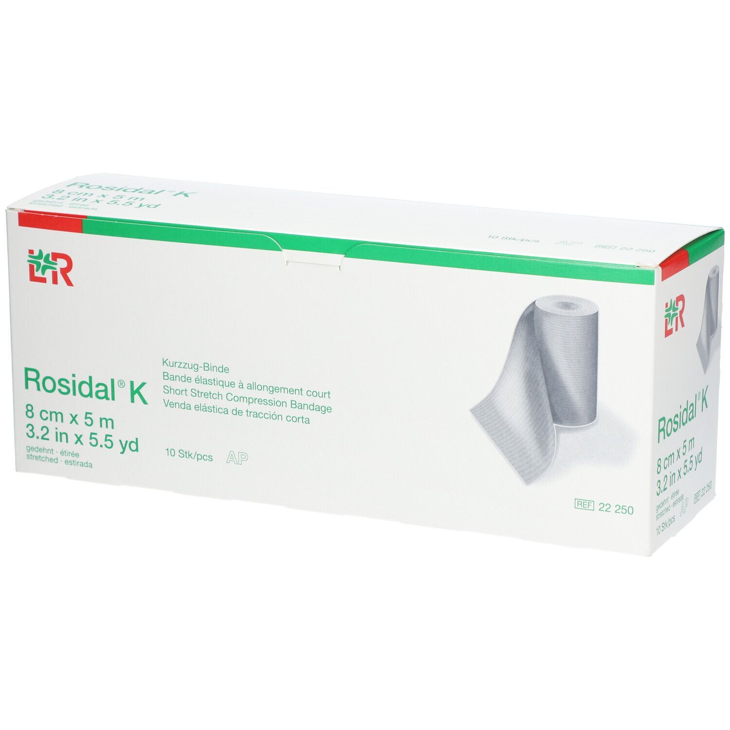 Rosidal K-Verband in Verpackung. 8 cm x 5 m. Rolle und Bandage abgebildet. Weiß-grüne Verpackung.